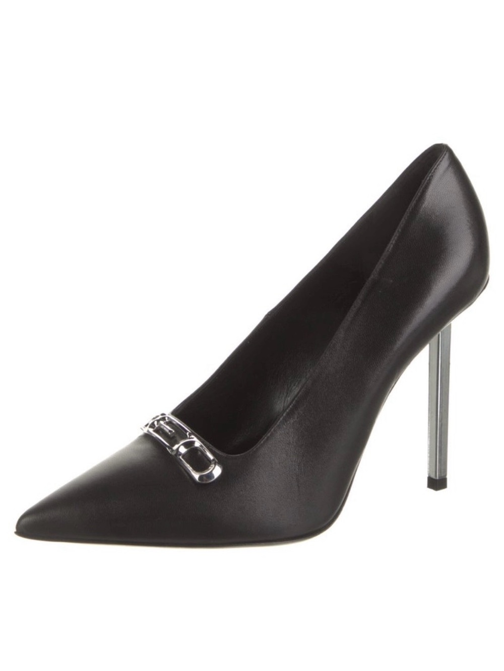 ALEXANDER WANG Black Pointed Stiletto Pumps with Silver “CEO” buckles